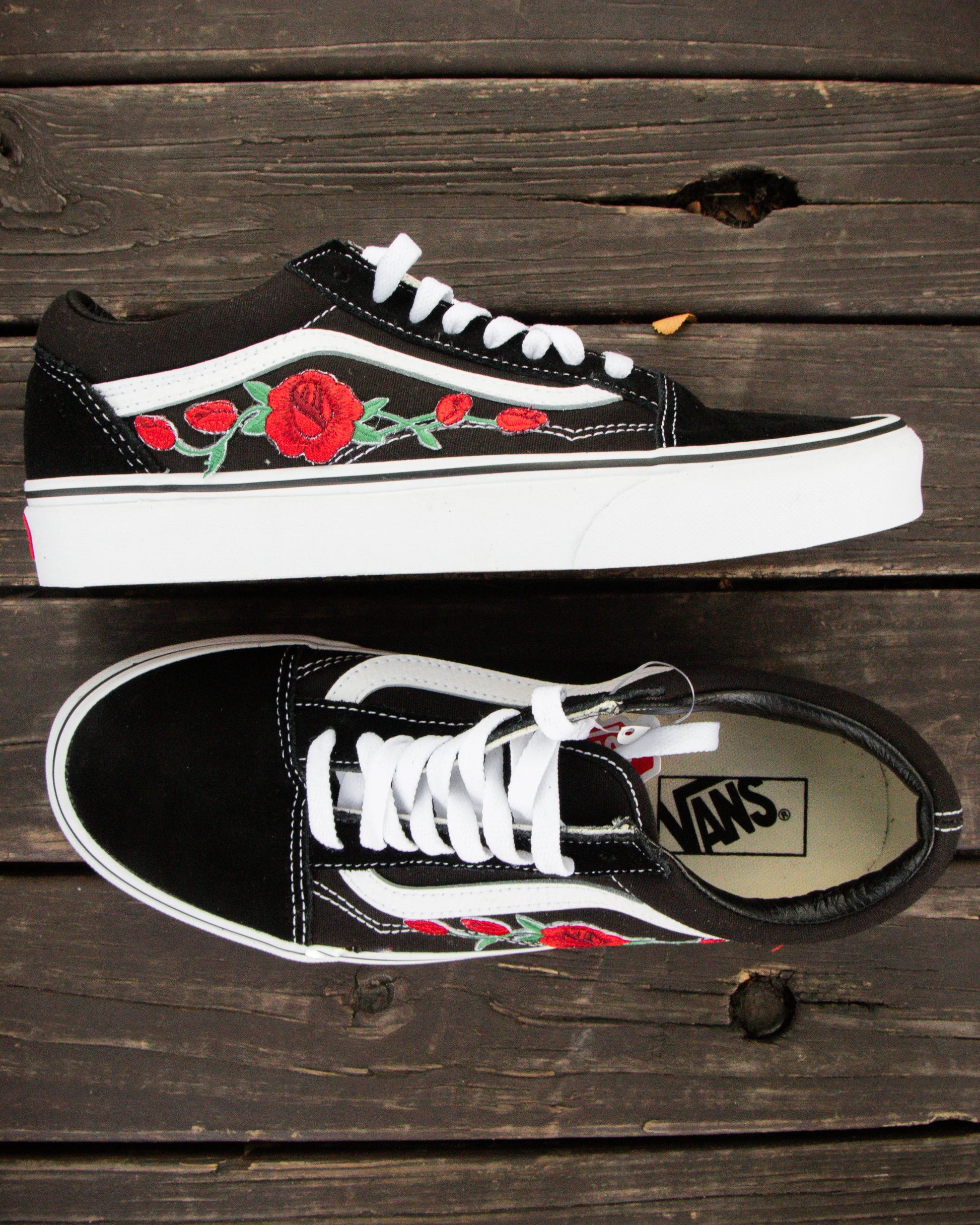 Vans Black Old Skool Red Rose Custom Handmade Shoes By Patch Collection 