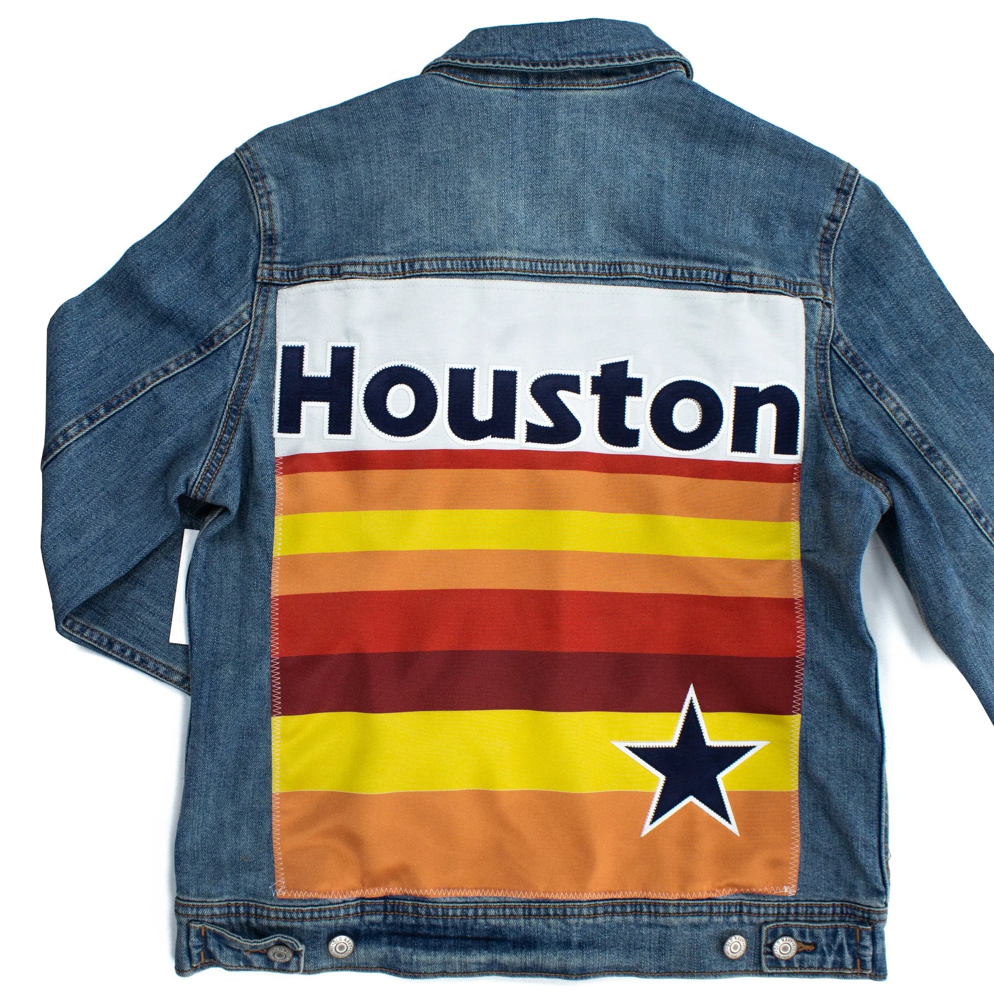 Custom Houston Basketball Team Retro Rainbow Light Denim Jacket for Women X-Small