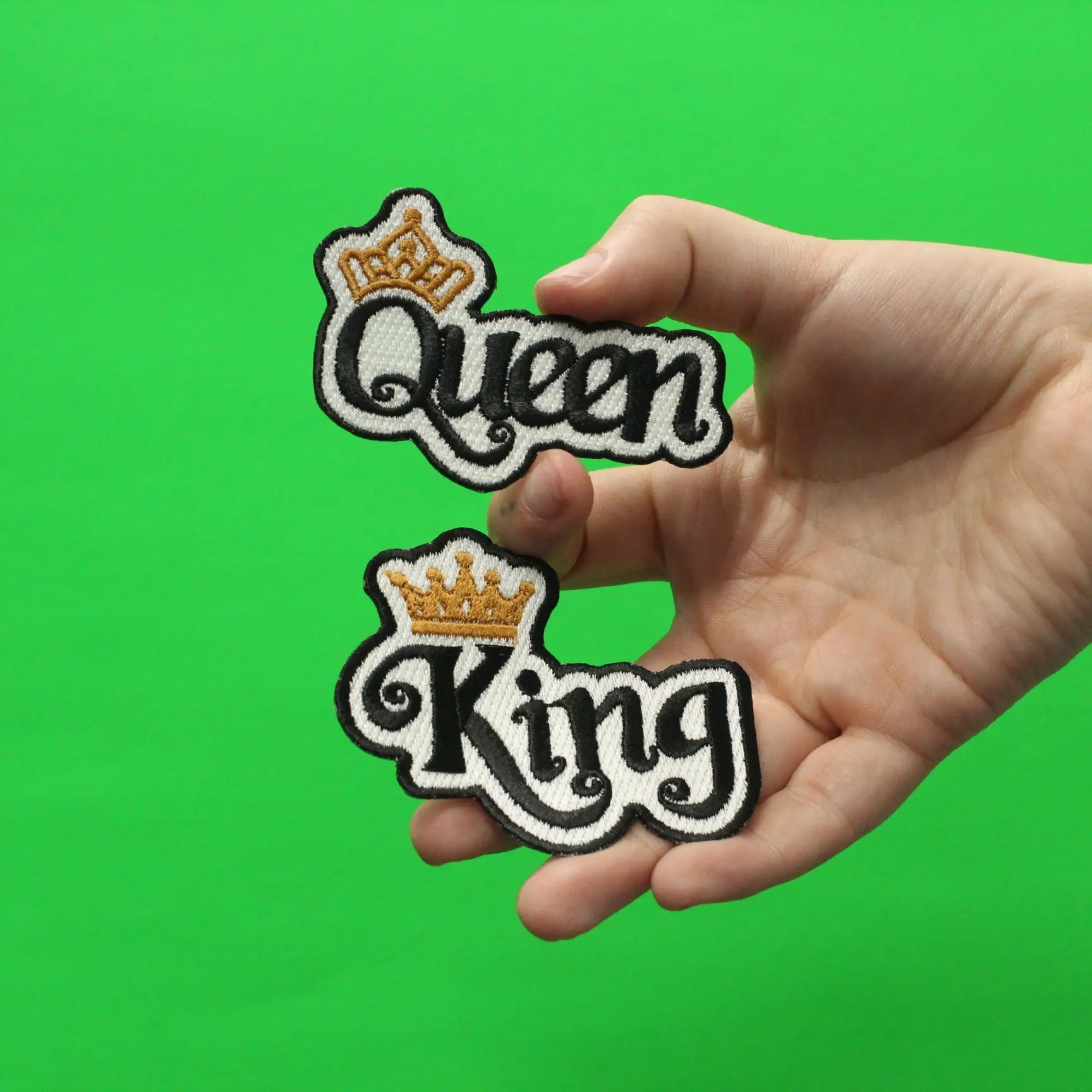 King and Queen Script Set with Gold Crown Embroidered Iron on Patches 
