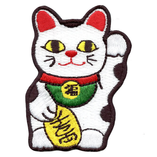 White Lucky Cat (Maneki-neko) Embroidered Iron On Patch 