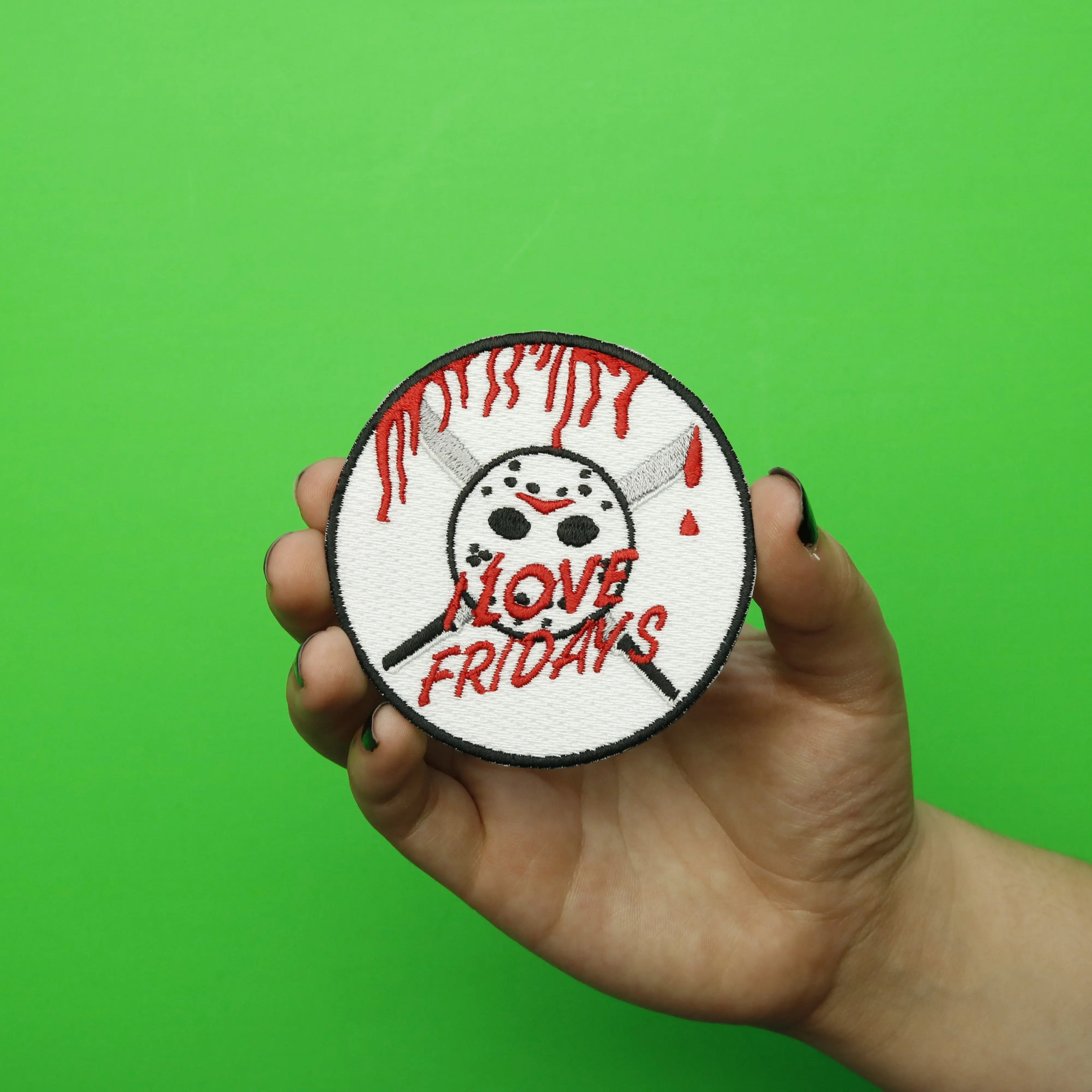 Jason "I LOVE FRIDAYS" Hockey Mask And Machetes Embroidered Iron On Patch 