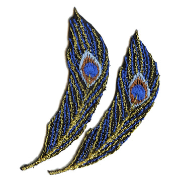 Peacock Feather Medium Metallic Blue Combo Embroidered Iron On Patches 
