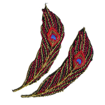Peacock Feather Medium Metallic Red Combo Embroidered Iron On Patches 