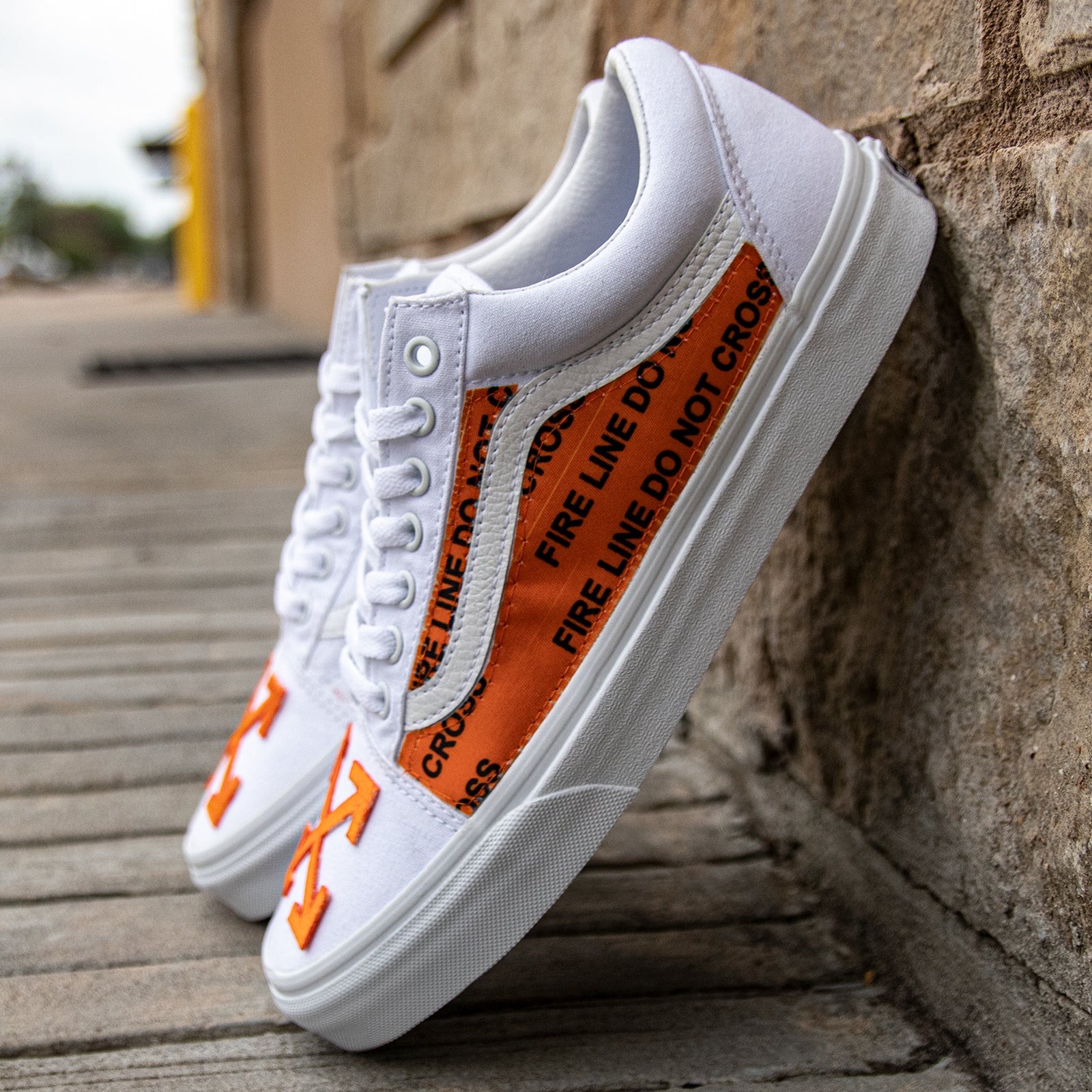 White Vans Old Skool x OFF White Orange Custom Handmade Shoes 