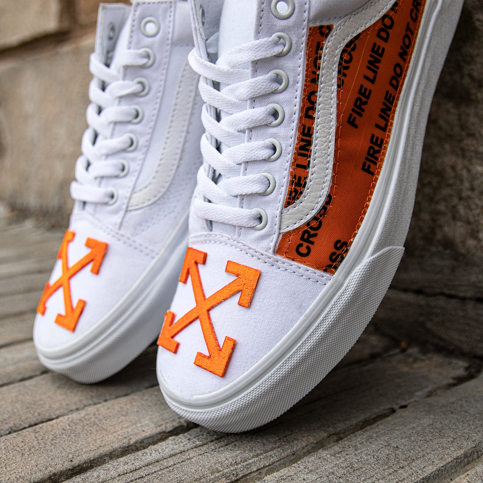White Vans Old Skool x OFF White Orange Custom Handmade Shoes 