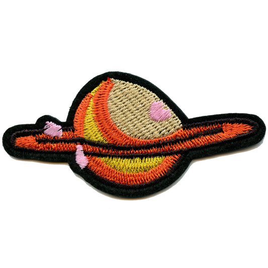 Small Orange Planet With Ring Embroidered Iron On Patch 