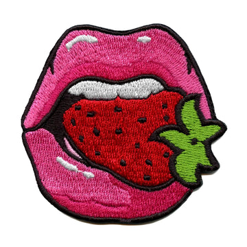 Pink Lips Biting Strawberry Patch Healthy Fruit Embroidered Iron On 