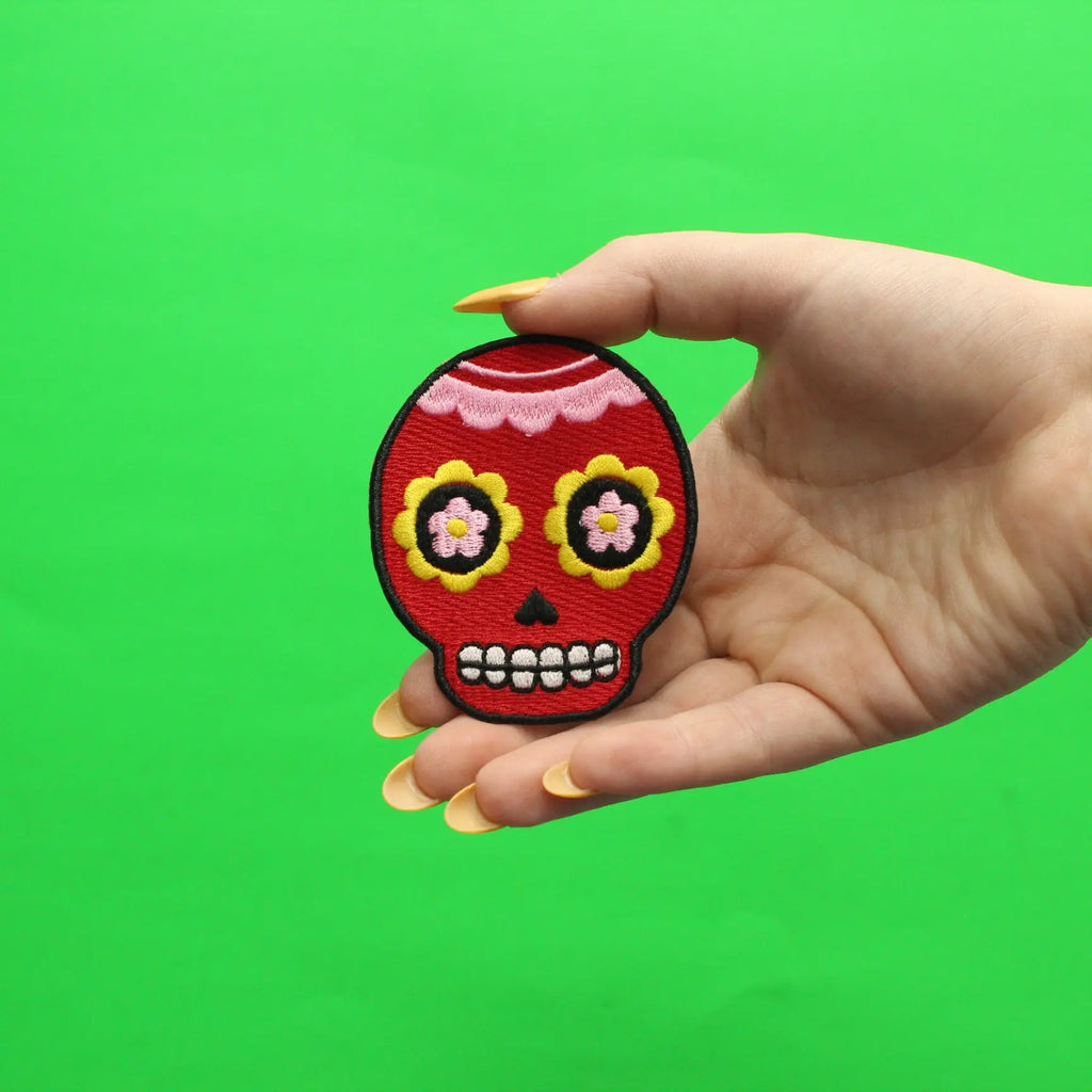 Red Floral Sugar Skull Iron On Embroidered Patch 