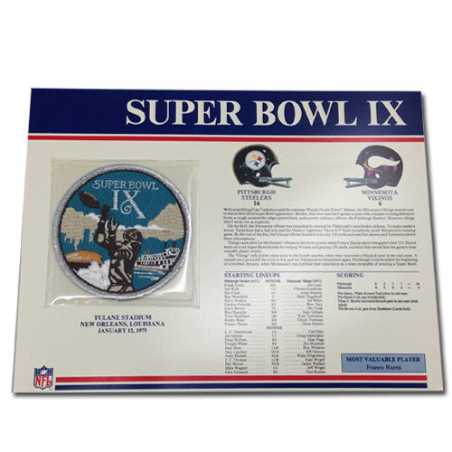 1975 NFL Super Bowl IX Logo Willabee & Ward Patch With Header Board (Minnesota Vikings vs. Pittsburgh Steelers) 