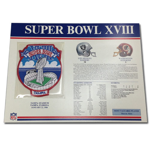 1984 NFL Super Bowl XVIII Logo Willabee & Ward Patch With Header Board (Los Angeles Raiders vs. Washington Redskins) 