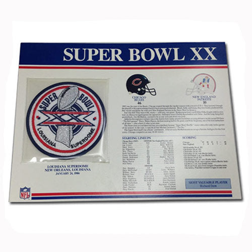 1986 NFL Super Bowl 20 XX Logo Willabee & Ward Patch With Header Board Chicago Bears vs. New England Patriots 