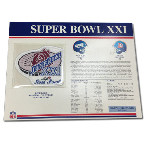 1987 NFL Super Bowl XXI Logo Willabee & Ward Patch With Header Board (Denver Broncos vs. New York Giants) 