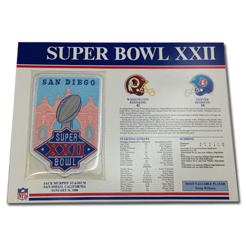 1988 NFL Super Bowl XXII Logo Willabee & Ward Patch With Header Board (Denver Broncos vs. Washington Redskins) 