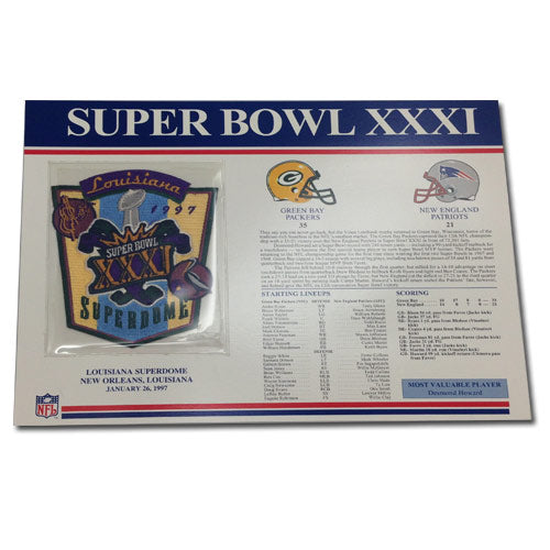 1997 NFL Super Bowl XXXI Logo Willabee & Ward Patch With Header Board (New England Patriots vs. Green Bay Packers) 