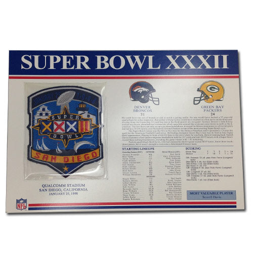 1998 NFL Super Bowl XXXII Logo Willabee & Ward Patch With Header Board (Denver Broncos vs. Green Bay Packers) 