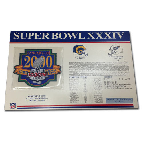 2000 NFL Super Bowl XXXIV Logo Willabee & Ward Patch With Header Board (St. Louis Rams vs. Tennessee Titans) 