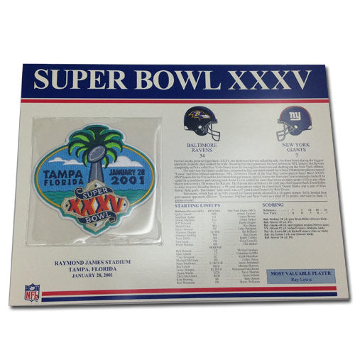 2001 NFL Super Bowl XXXV Logo Willabee & Ward Patch With Header Board (Baltimore Ravens vs. New York Giants) 