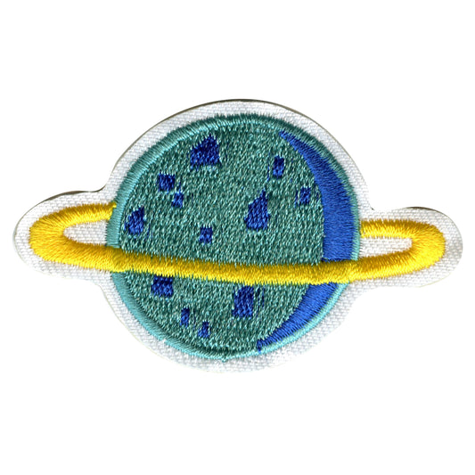Small Teal Planet With Gold Ring Embroidered Iron On Patch 