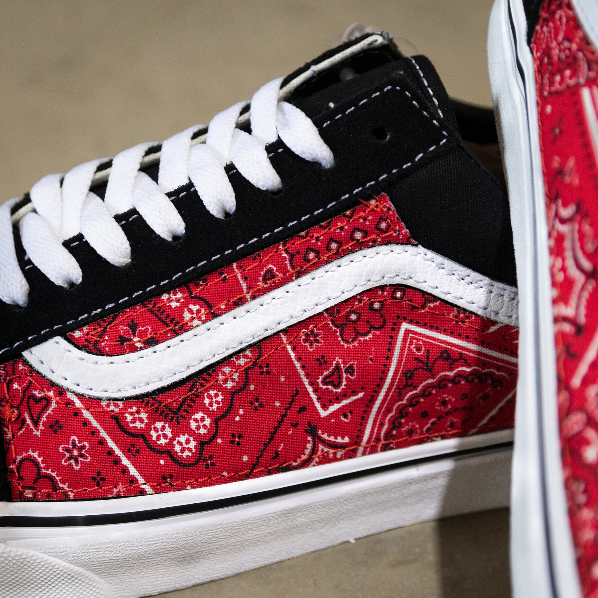 Vans Black Old Skool x Red Bandana Pattern Custom Handmade Shoes By Patch Collection 