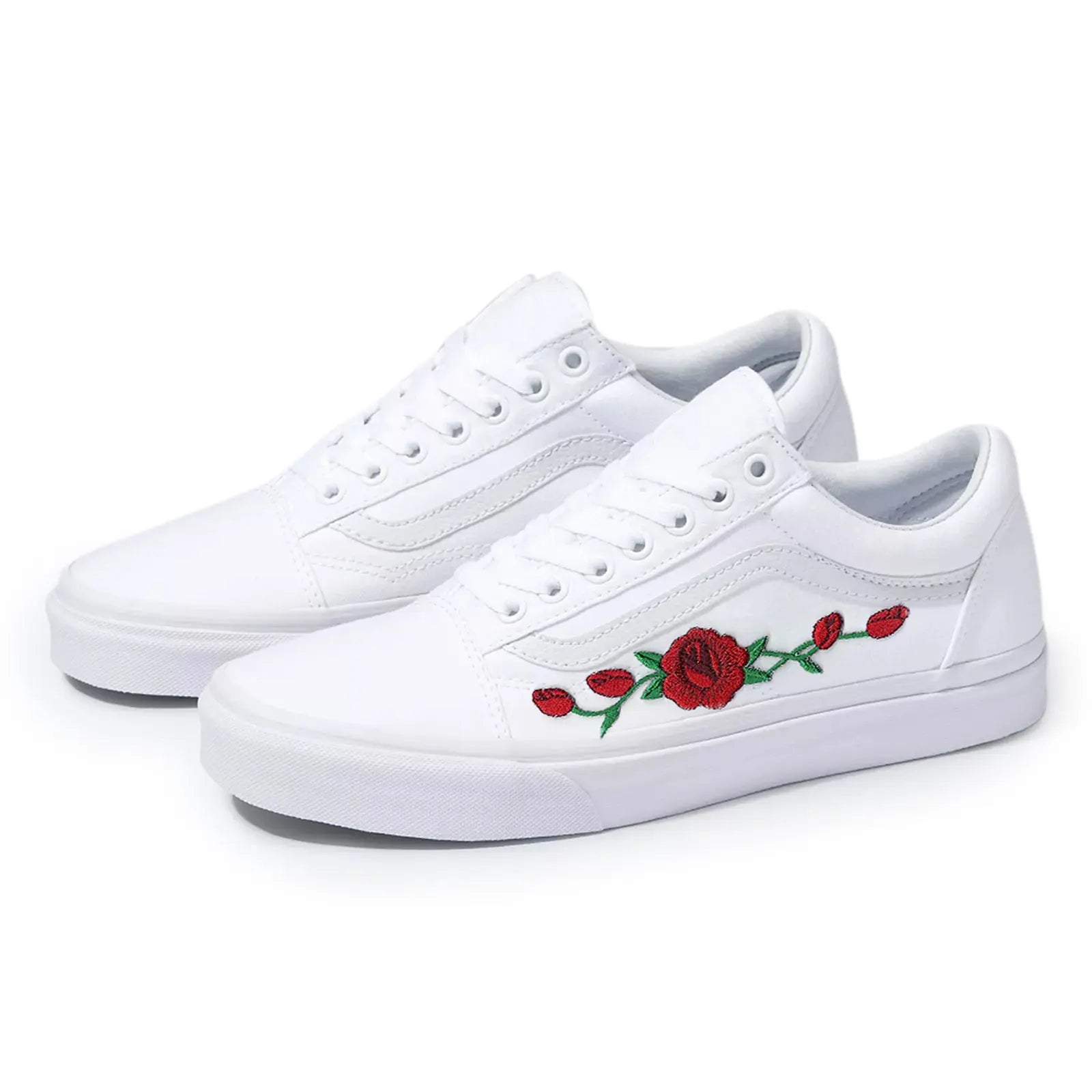 Vans White Old Skool Red Rose Custom Handmade Shoes By Patch Collection 