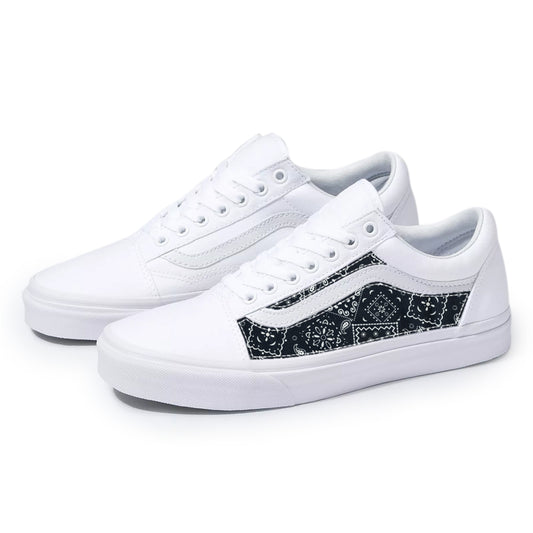 Vans White Old Skool x Black Bandana Pattern Custom Handmade Shoes By Patch Collection 