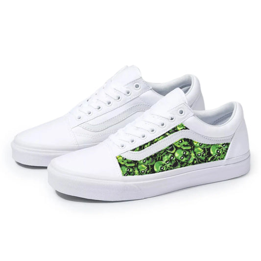 Vans White Old Skool x Green Skulls Custom Handmade Shoes By Patch Collection 