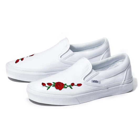 Vans White Slip-On Red Rose Custom Shoes 