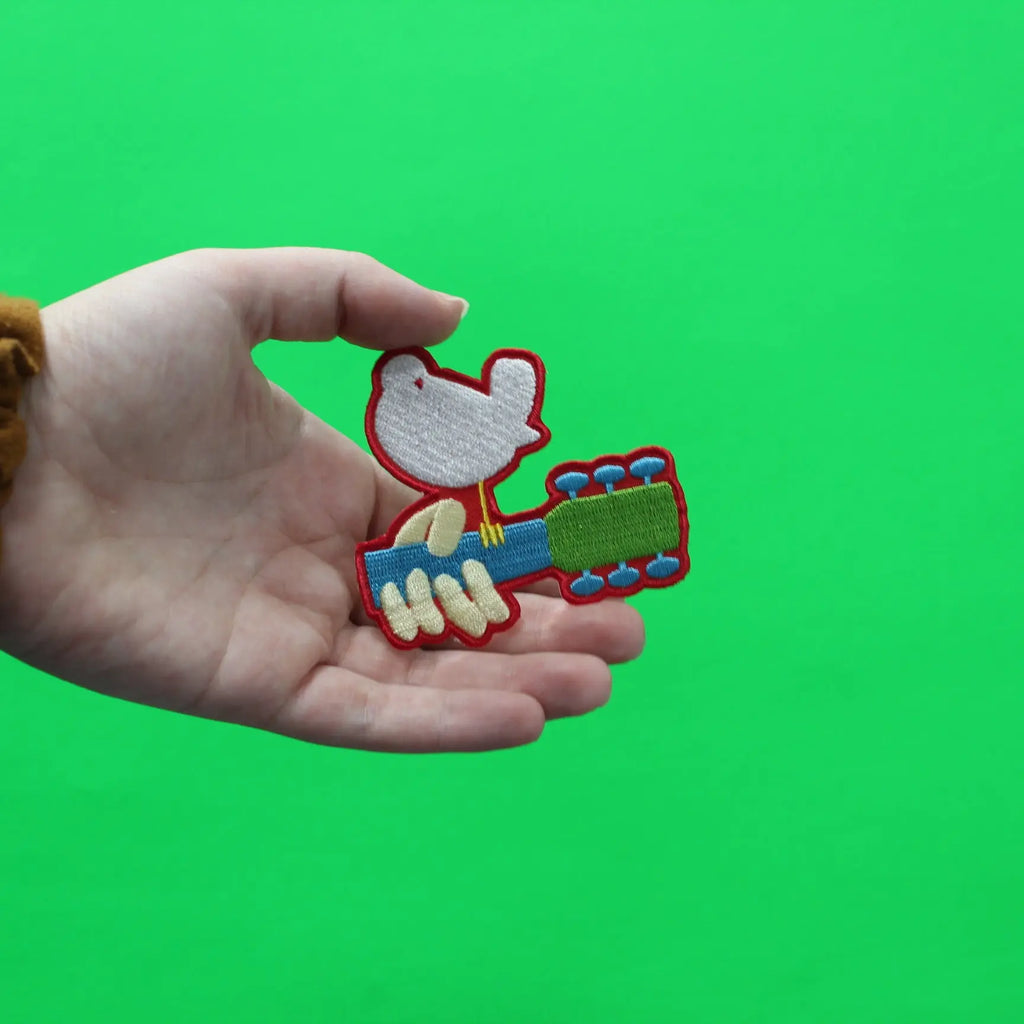 Woodstock Patch Dove Sitting On Guitar Embroidered Iron On 