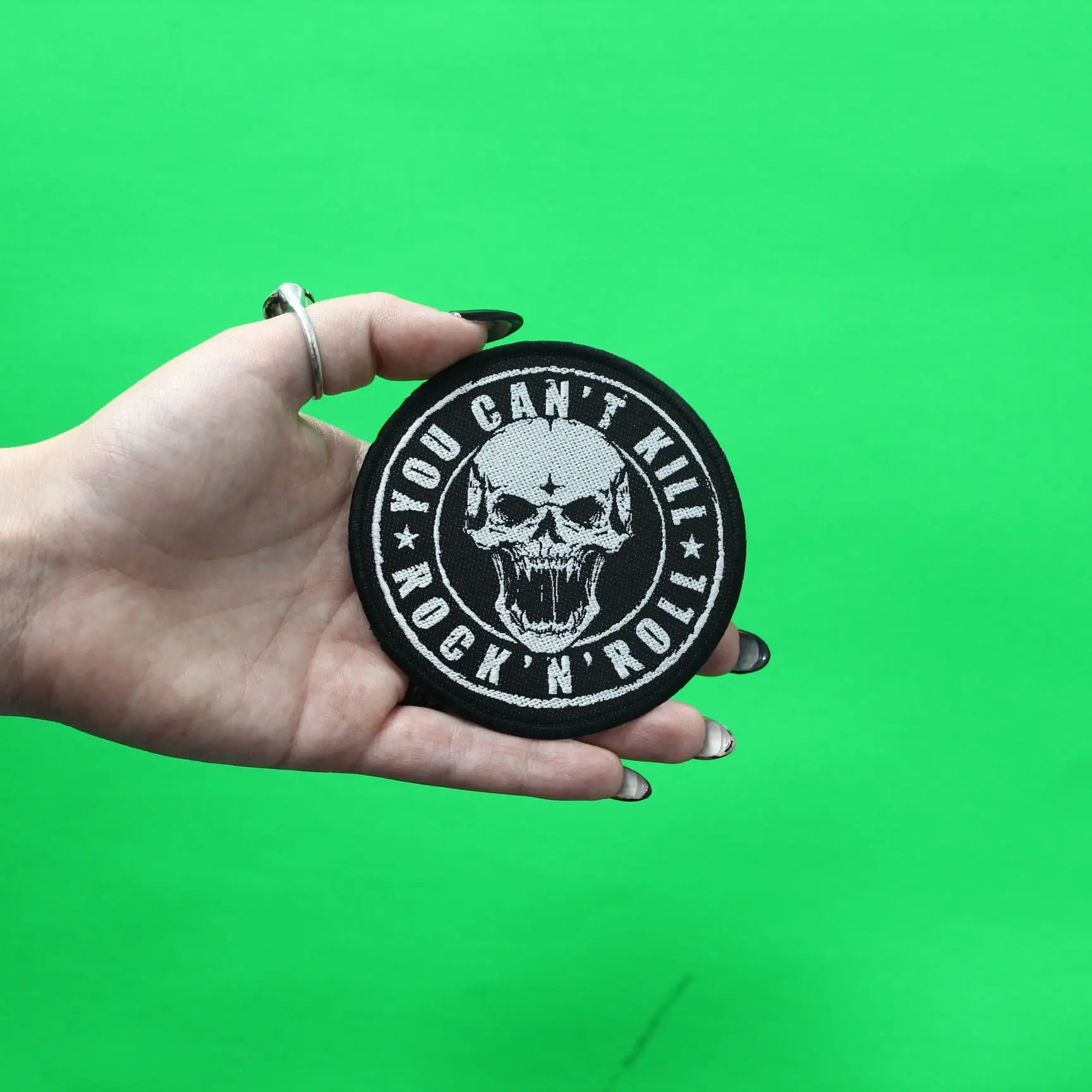 Cant Kill Rock N Roll Patch Music Skull Round Woven Iron On