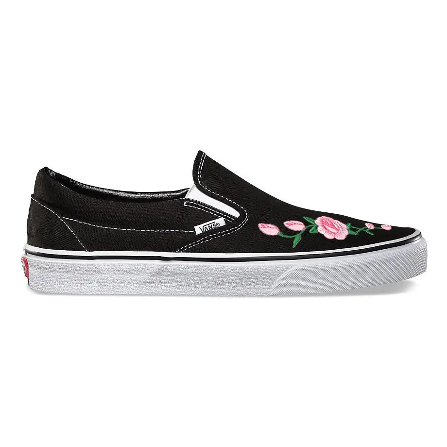 Vans Black Slip-On Pink Rose Custom Shoes 