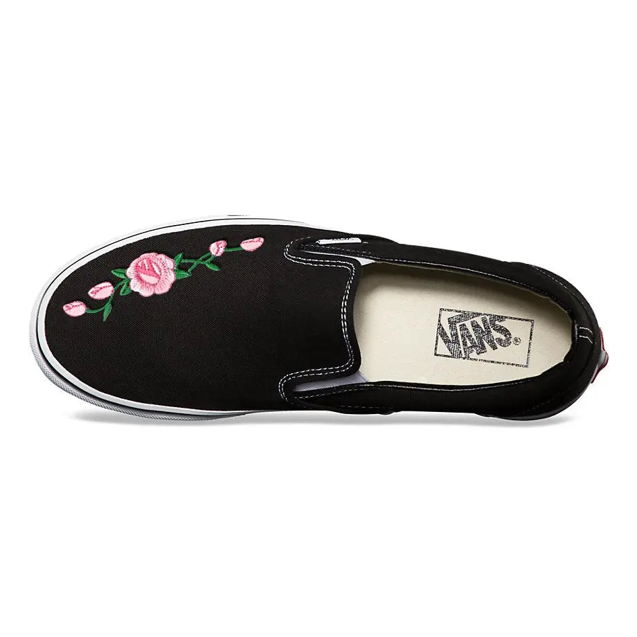 Vans Black Slip-On Pink Rose Custom Shoes 