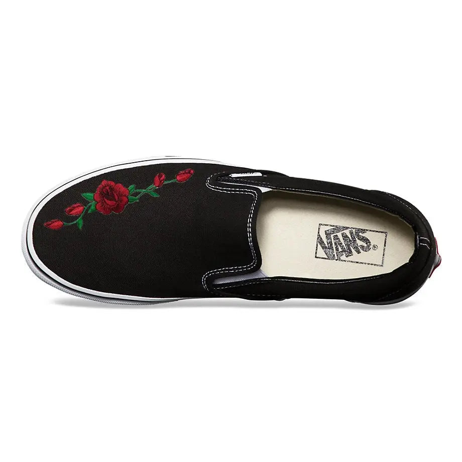 Vans Black Slip-On Red Rose Custom Shoes 