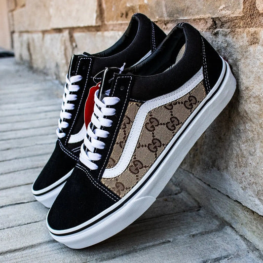 Vans Black Old Skool x Authentic GG Fabric Custom Handmade Shoes By Patch Collection 