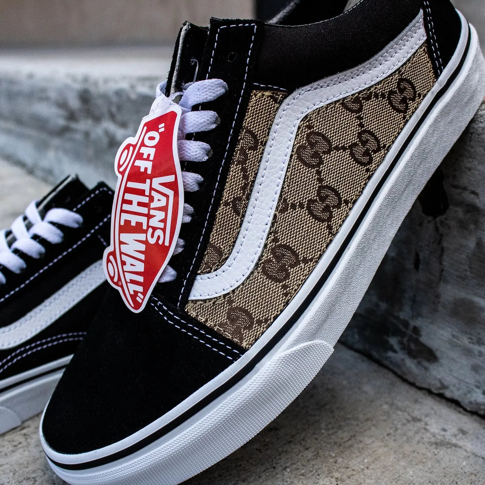 Vans Black Old Skool x Authentic GG Fabric Custom Handmade Shoes By Patch Collection