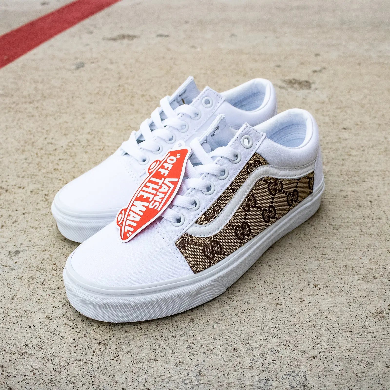 Vans White Old Skool x Authentic GG Fabric Custom Handmade Shoes By Patch Collection