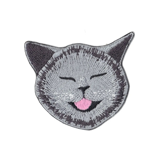 Smiling Grey Cat Embroidered Iron On Patch 