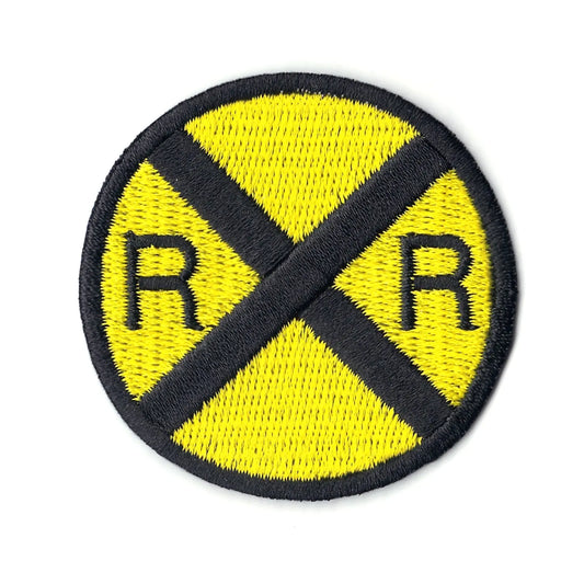 Train Railroad Crossing Yellow Street Sign Iron On Patch 