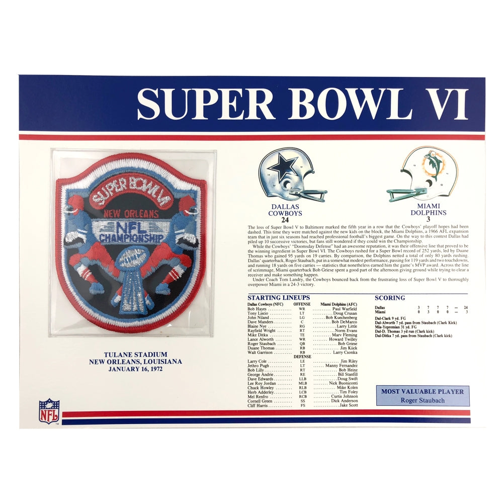 1972 NFL Super Bowl VI Logo Willabee & Ward Patch (Dallas Cowboys vs. Miami Dolphins) 