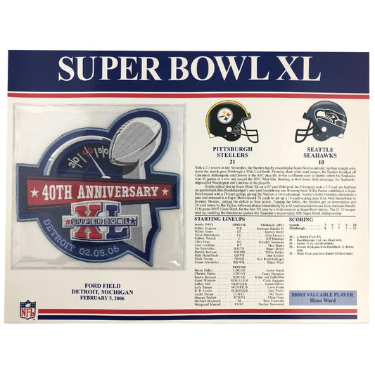 2006 NFL Super Bowl XL Logo Willabee & Ward Patch Stat Card (Pittsburgh Steelers vs. Seattle Seahawks) 