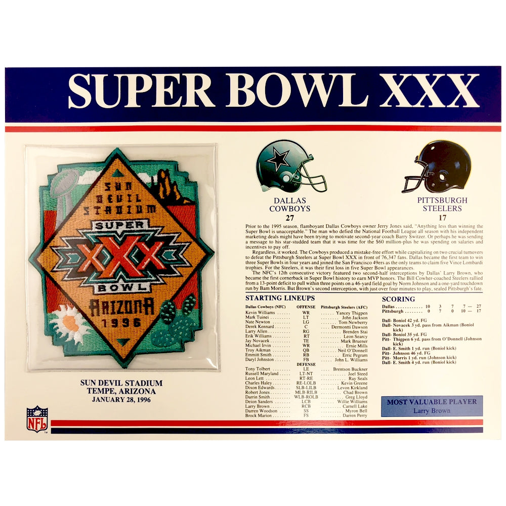 1996 NFL Super Bowl XXX Logo Willabee & Ward Patch (Dallas Cowboys vs. Pittsburgh Steelers) 