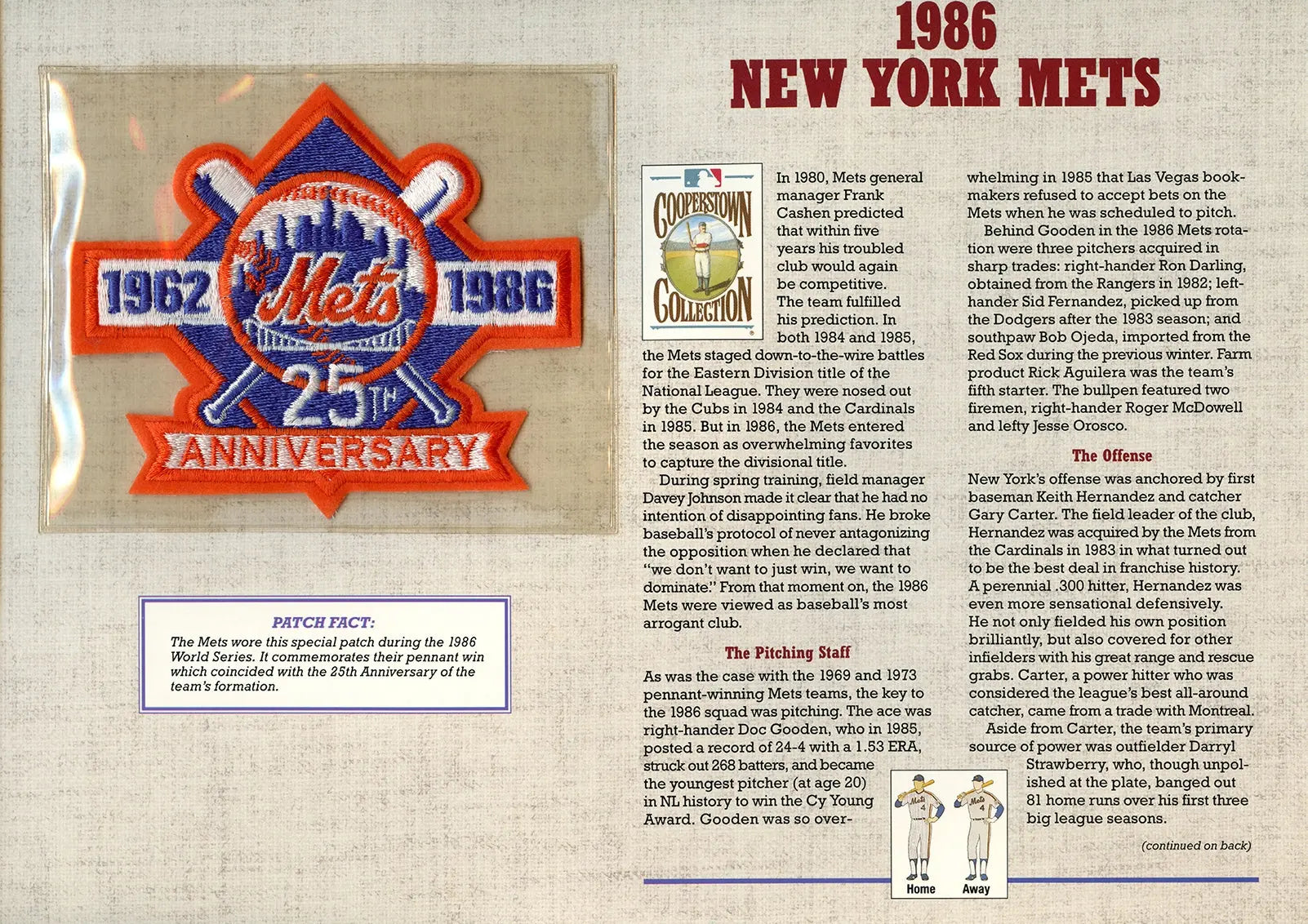 1986 New York Mets Willabee & Ward Patch With Stat Card 