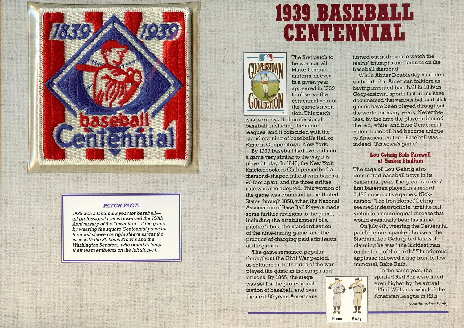 1939 Baseball Centennial Willabee & Ward Patch With Stat Card 