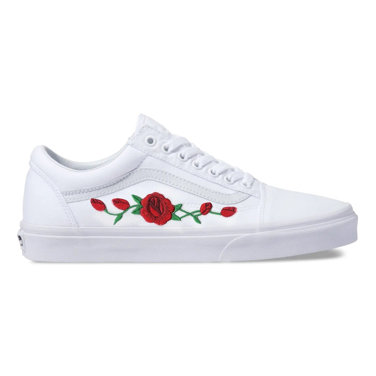 Vans White Old Skool Red Rose Custom Handmade Shoes By Patch Collection 