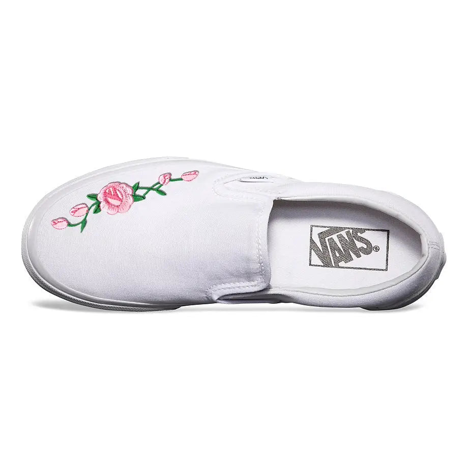 Vans White Slip-On Pink Rose Custom Shoes 